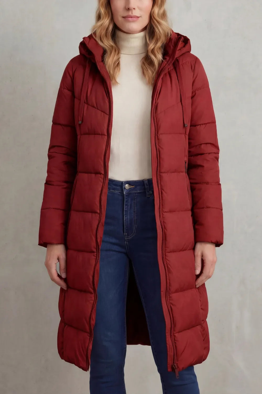 Manteau Long Matelassé à Capuche – Rouge