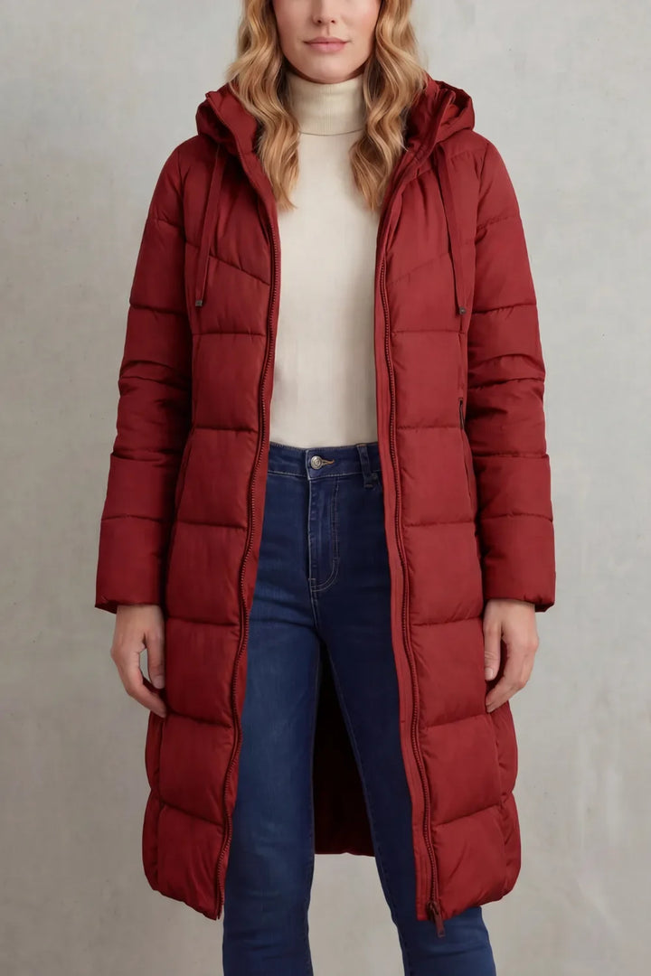 Manteau Long Matelassé à Capuche – Rouge