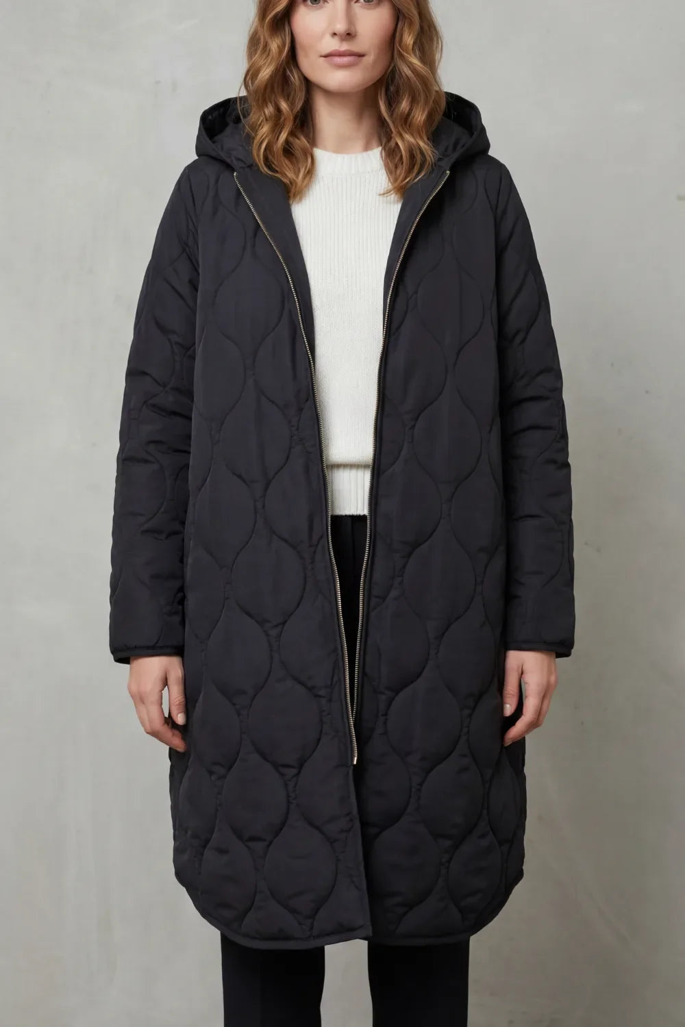 Manteau Long Matelassé Confortable – Bleu Foncé