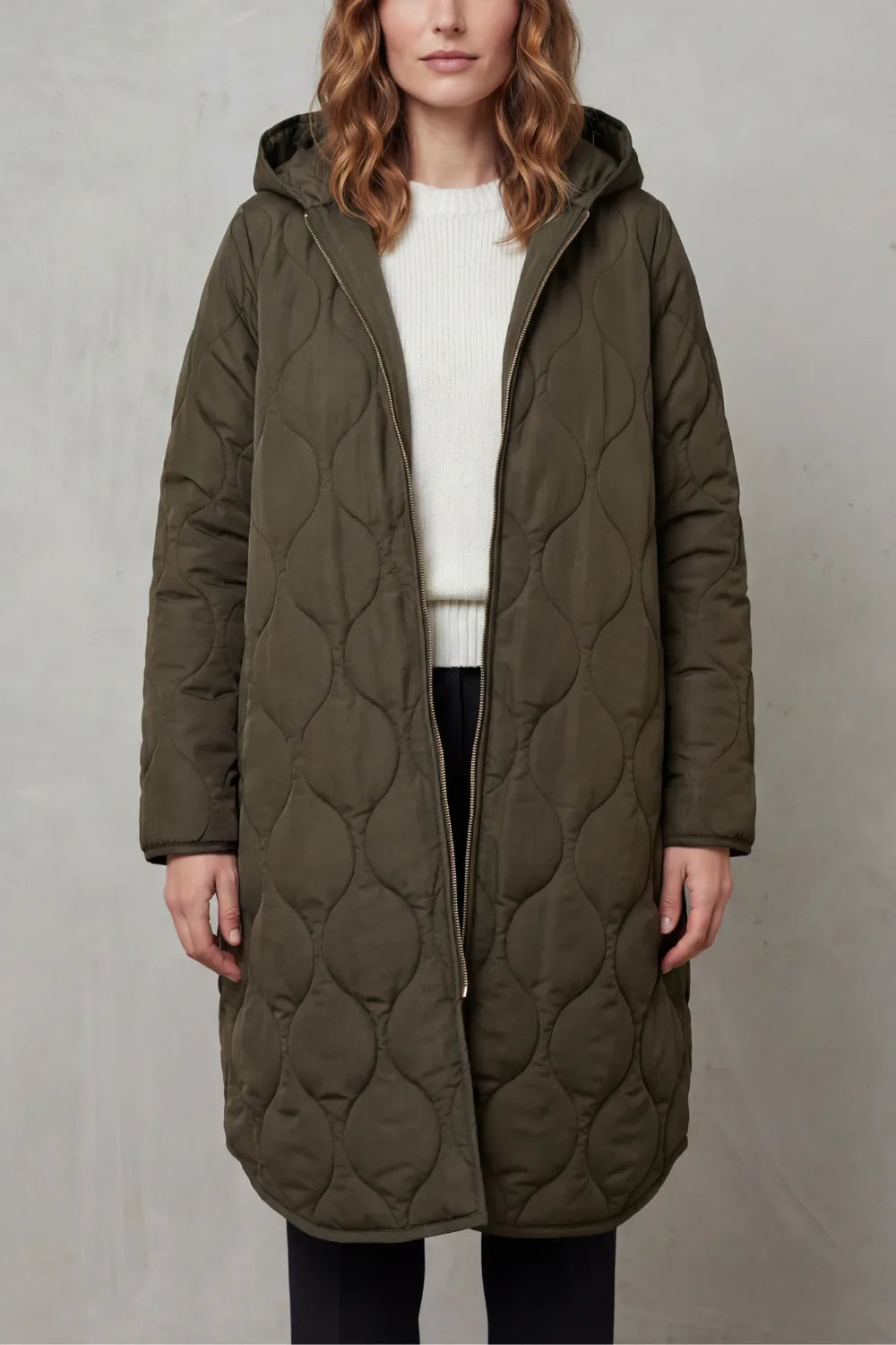 Manteau Long Matelassé Confortable – Vert Foncé