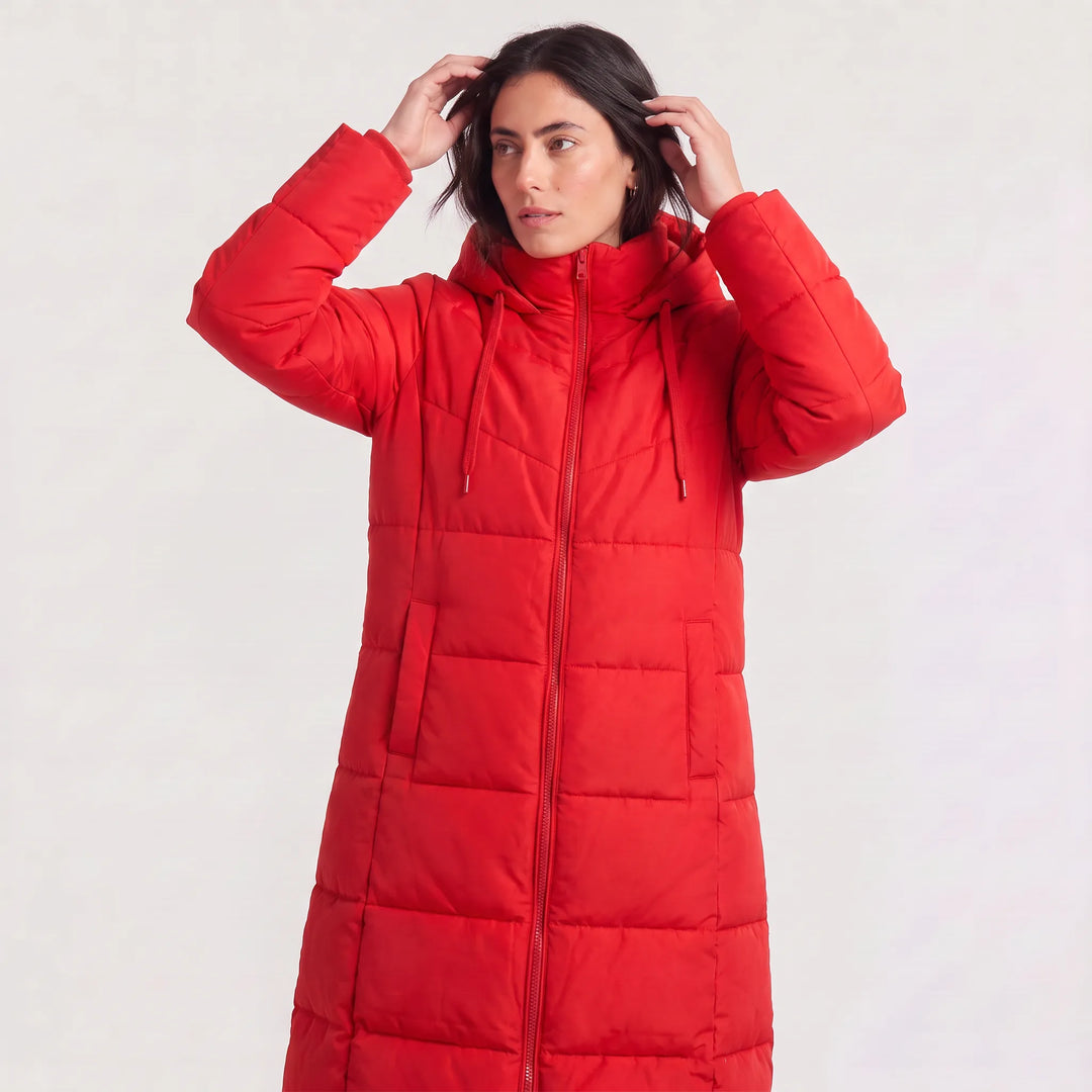 Manteau long zippé à capuche – Rouge