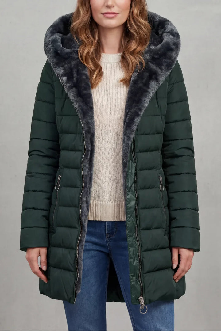 Manteau Matelassé à Capuche Douce – Vert Foncé