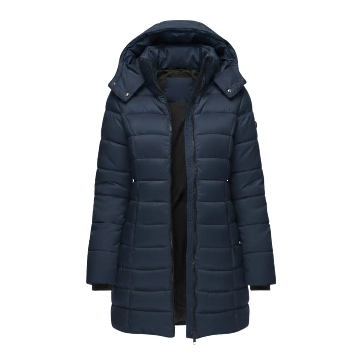 Manteau Mi-long Matelassé à Capuche – Marineblauw