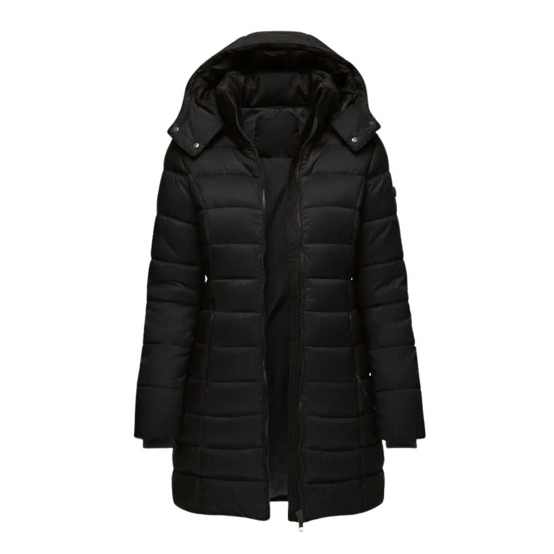 Manteau Mi-long Matelassé à Capuche – Zwart