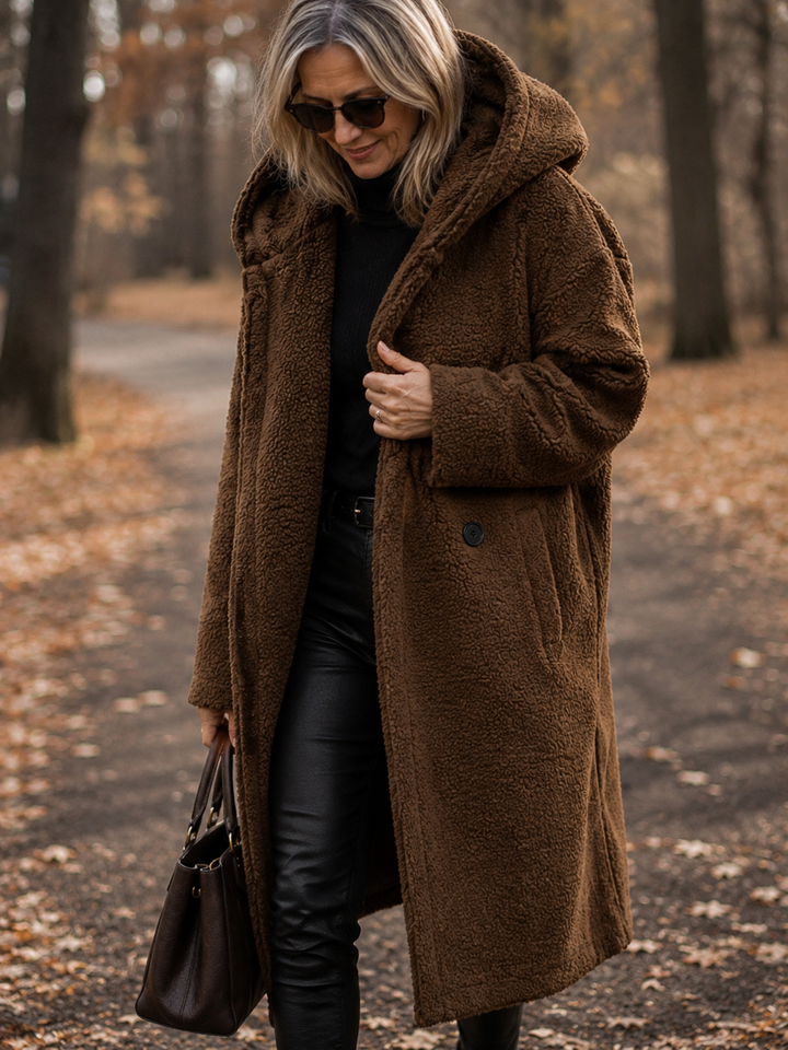 Manteau long douillet à capuche – Marron