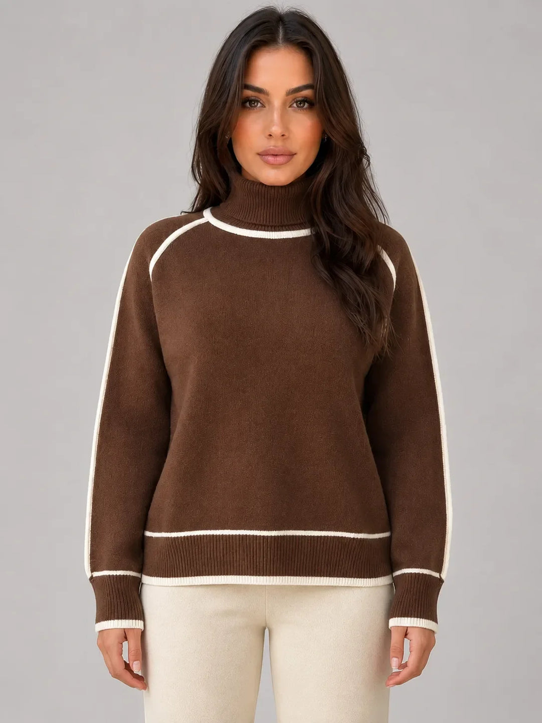 Pull Col Roulé à Bandes Contrastées – Marron