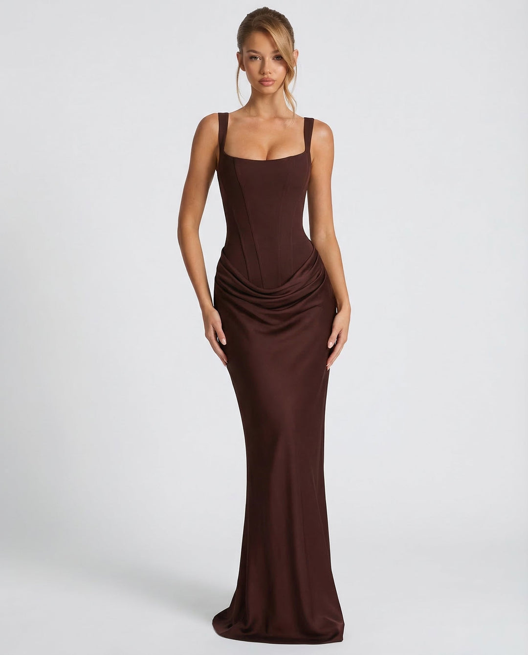 Robe Longue Buste Corset – Marron