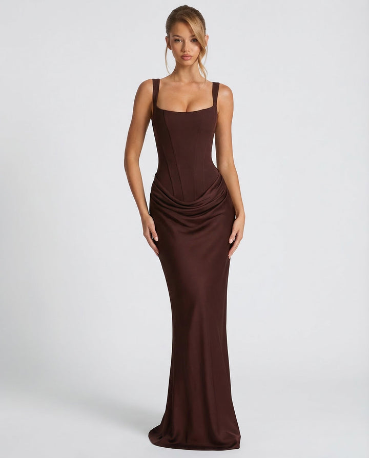 Robe Longue Buste Corset – Marron