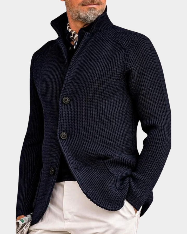 Cardigan Côtelé à Col Montant – Bleu Marine