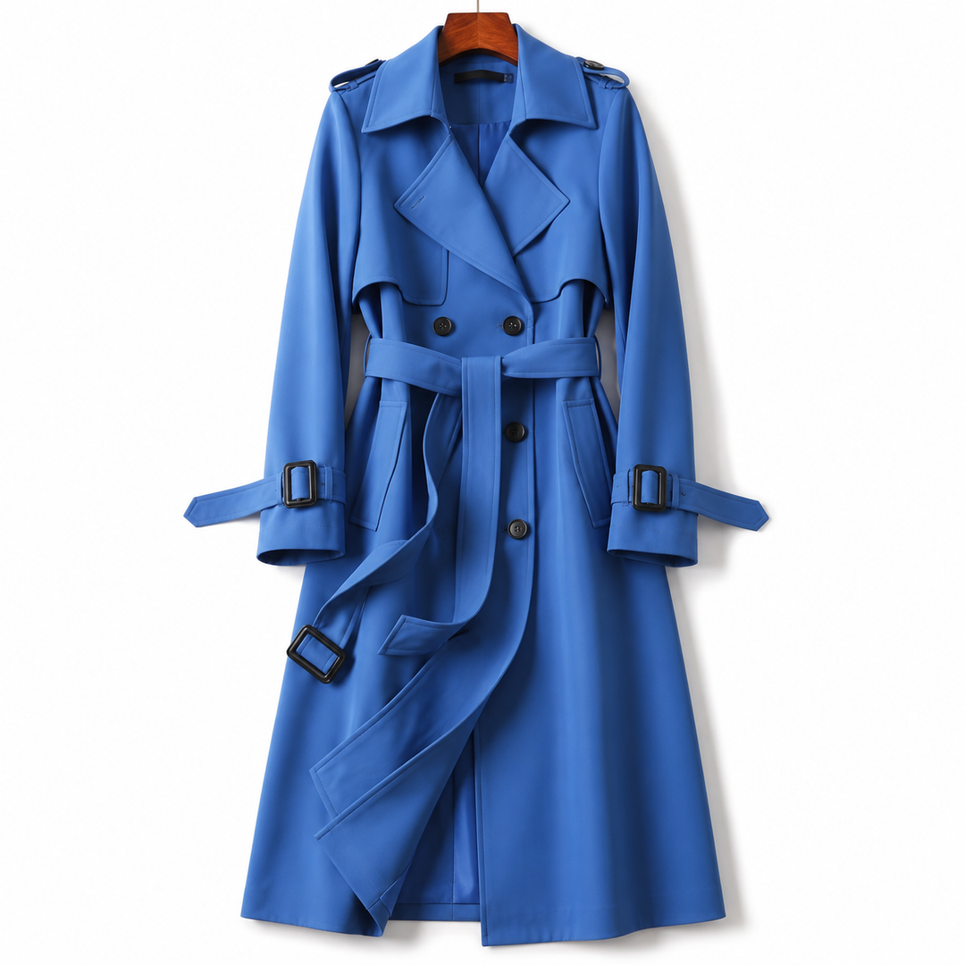 Manteau long croisé ceinturé – Bleu Oceano