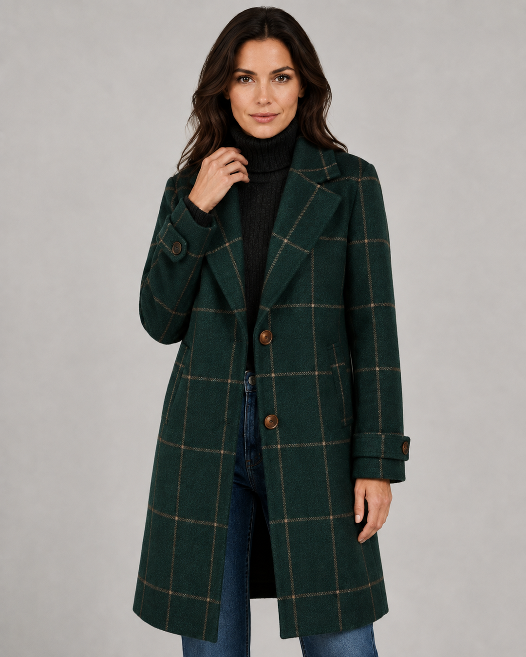 Manteau Long Structuré à Carreaux – Vert Foncé