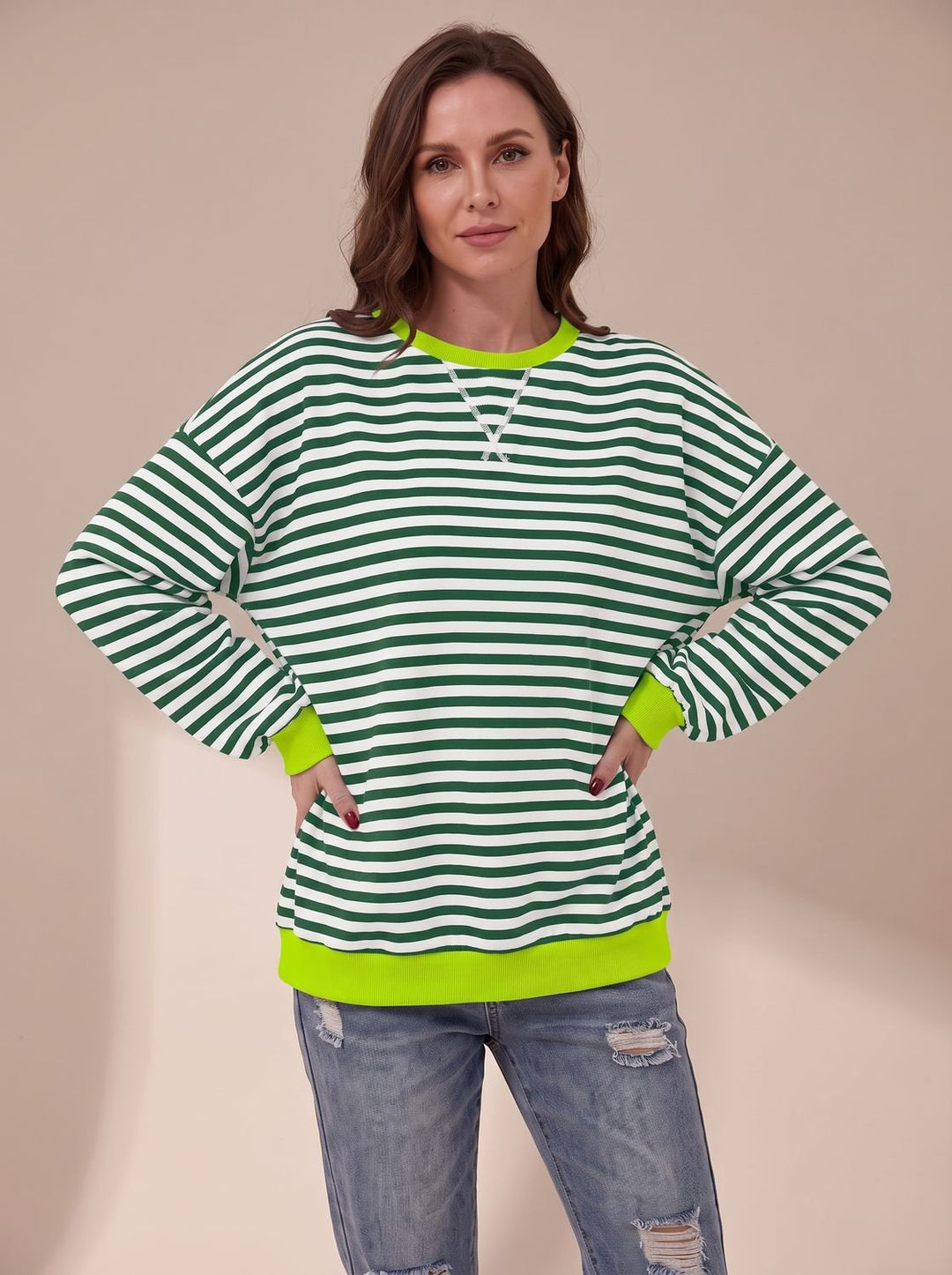 Sweat Ample à Rayures Rétro – Vert Foncé