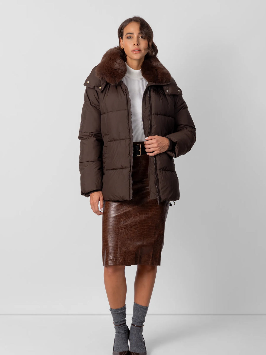 Veste Matelassée à Col Amovible – Mokkabruin