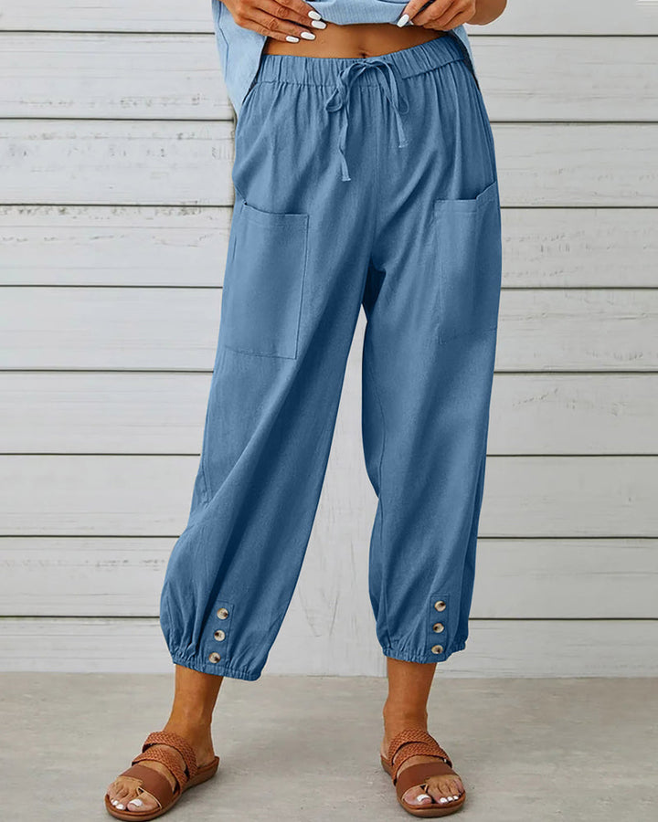 Edina | Pantalon Large en Lin avec Ourlets Boutonnés pour Femmes