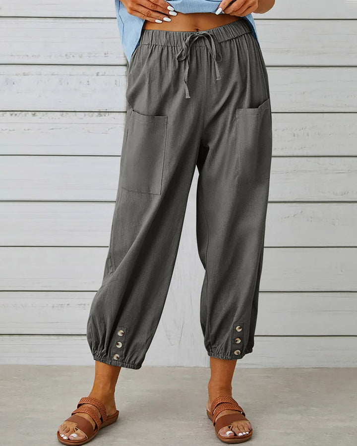 Edina | Pantalon Large en Lin avec Ourlets Boutonnés pour Femmes