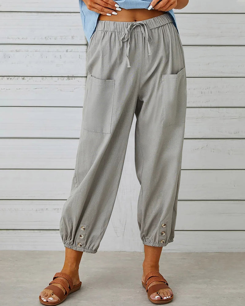 Edina | Pantalon Large en Lin avec Ourlets Boutonnés pour Femmes