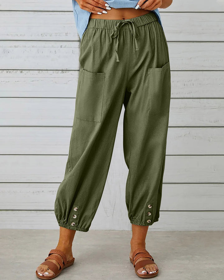 Edina | Pantalon Large en Lin avec Ourlets Boutonnés pour Femmes
