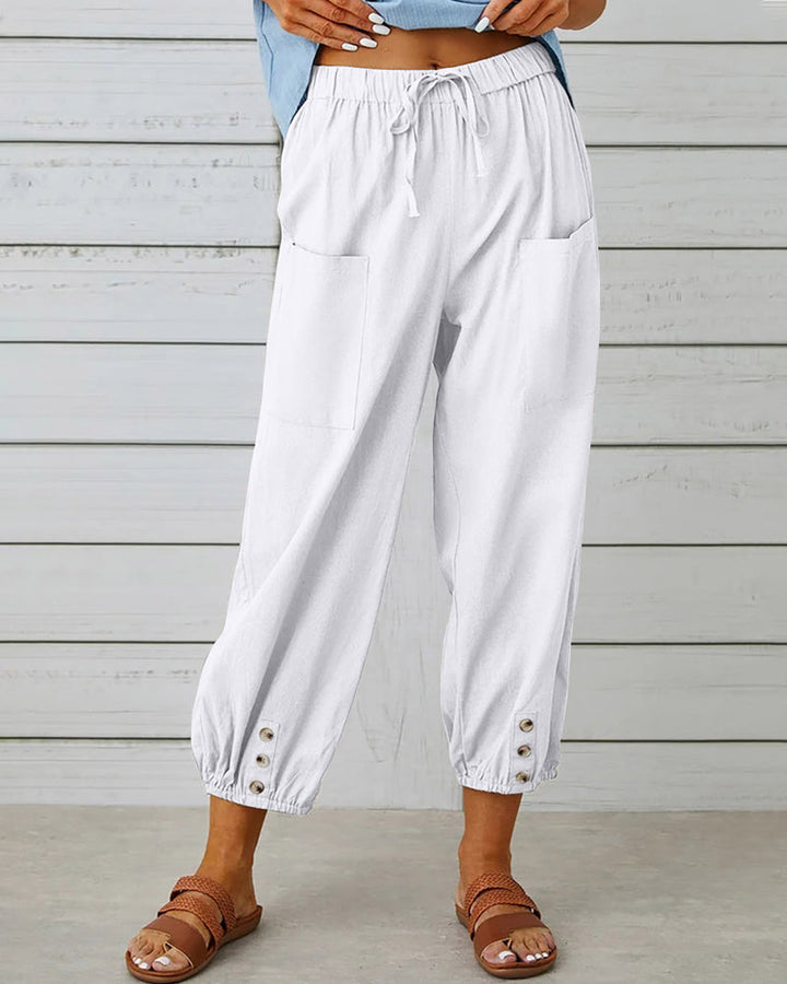 Edina | Pantalon Large en Lin avec Ourlets Boutonnés pour Femmes