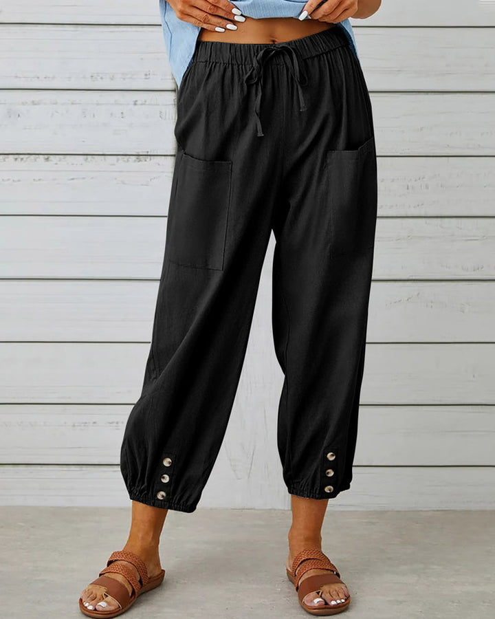 Edina | Pantalon Large en Lin avec Ourlets Boutonnés pour Femmes