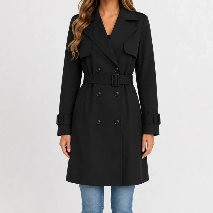 Manteau Croisé Ceinturé Élégant – Noir