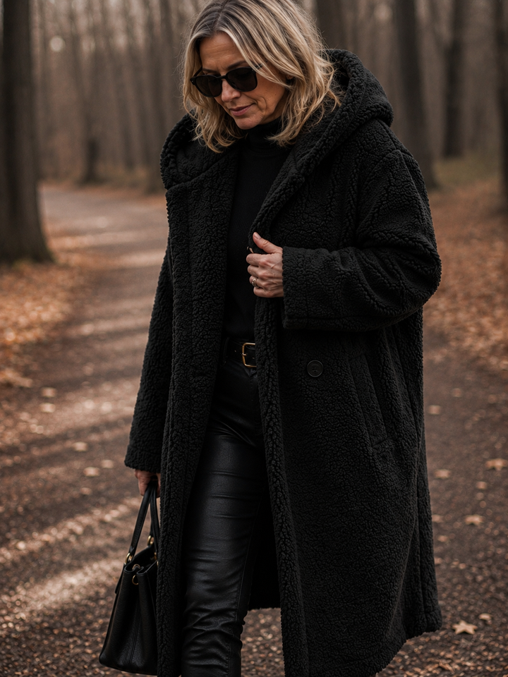 Manteau long douillet à capuche – Noir