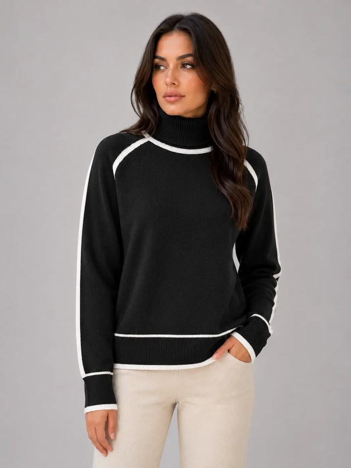 Pull Col Roulé à Bandes Contrastées – Noir