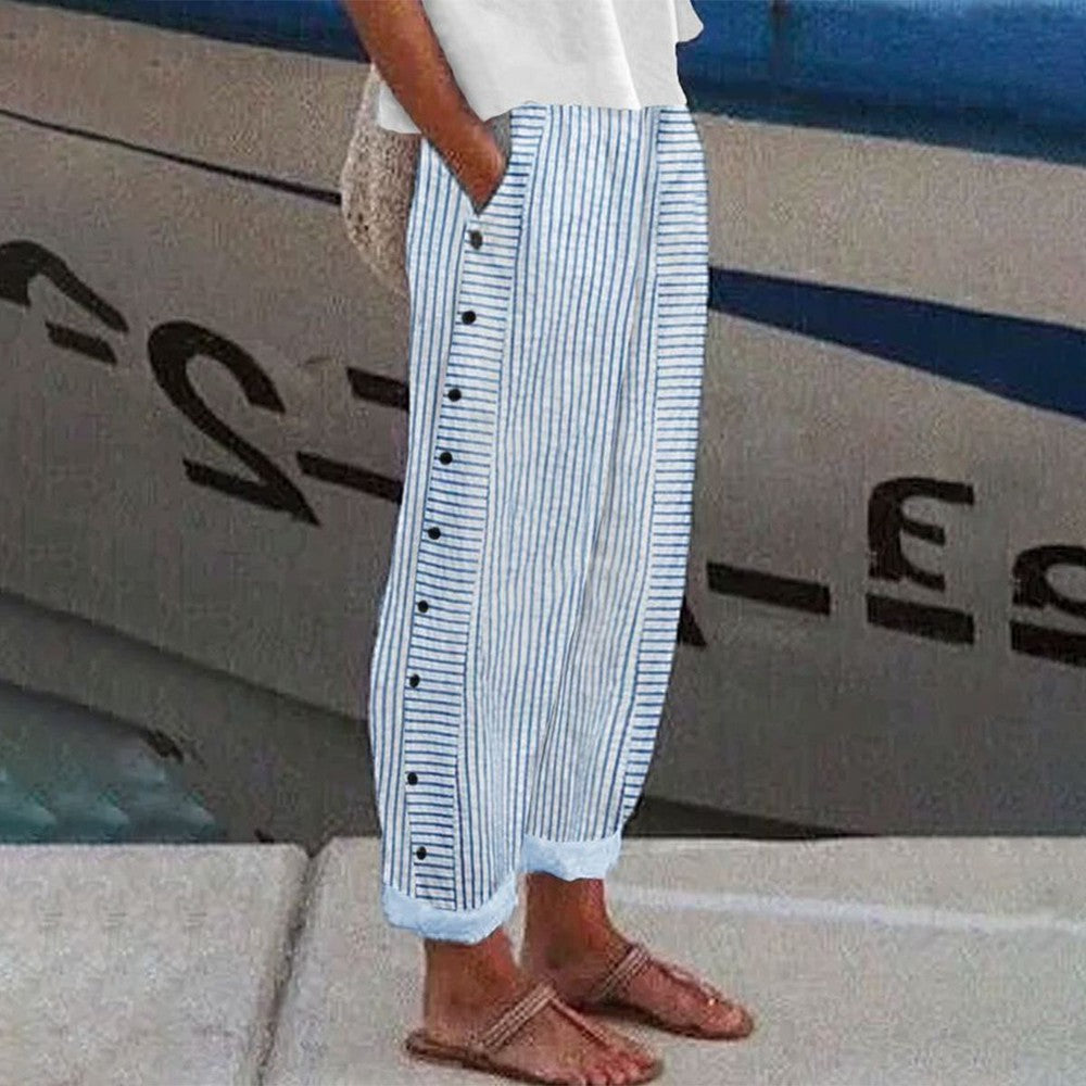 Pantalon fluide à rayures latérales – Bleu