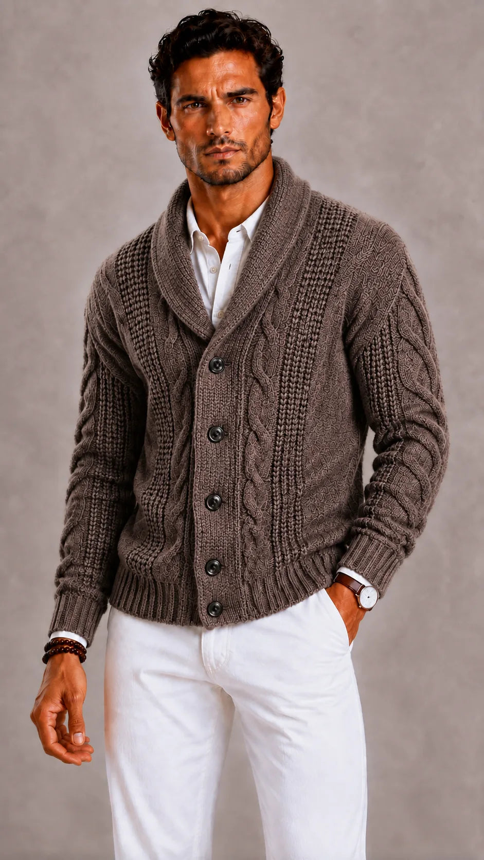 Cardigan à Torsades et Col Châle – Marron
