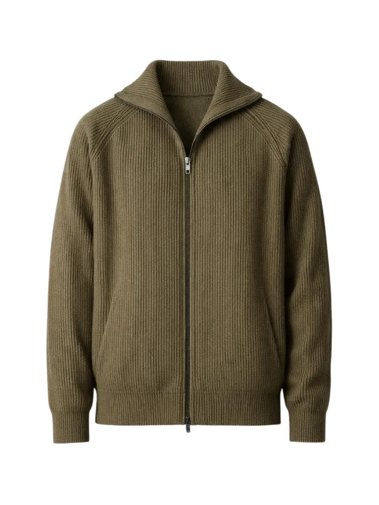 Cardigan Homme Zippé Col Montant – Vert Olive