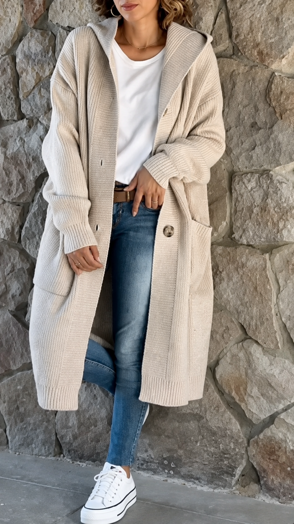 Cardigan long à capuche – Beige