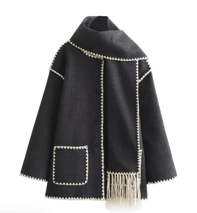 Manteau chic à bords contrastés – Gris Foncé