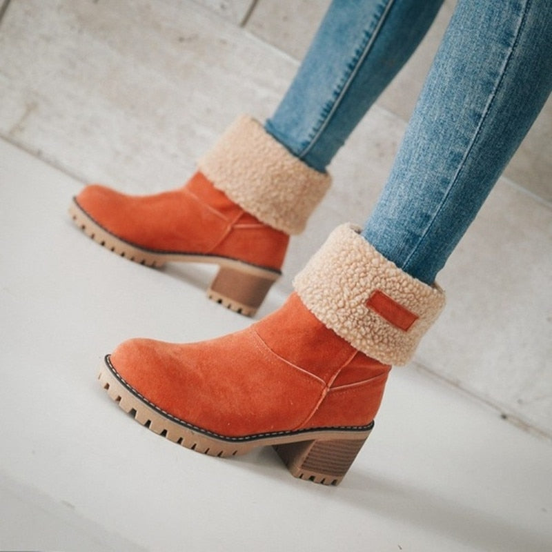 Bottines à Revers en Fausse Fourrure | Talon Confortable | Style Hivernal