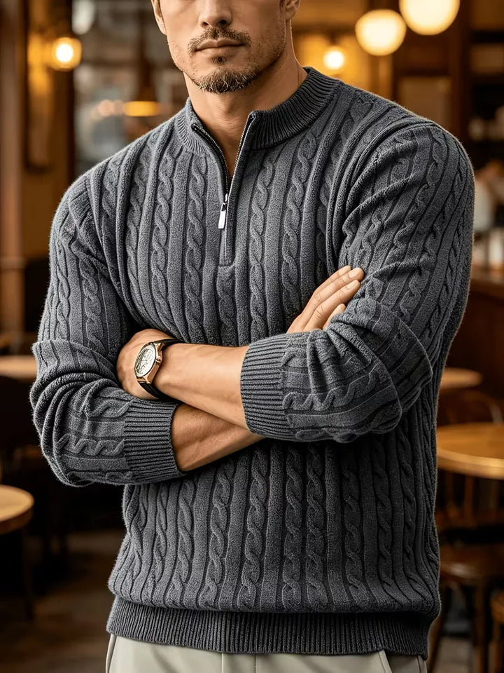 Pull à Col Zippé et Torsades – Gris Clair