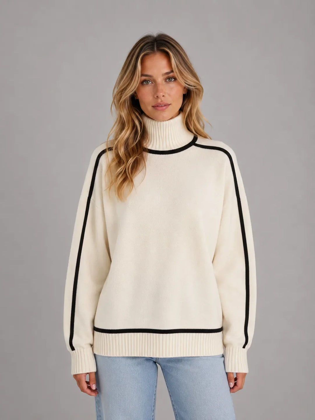 Pull Ample à Liseré Contrastant – Crème