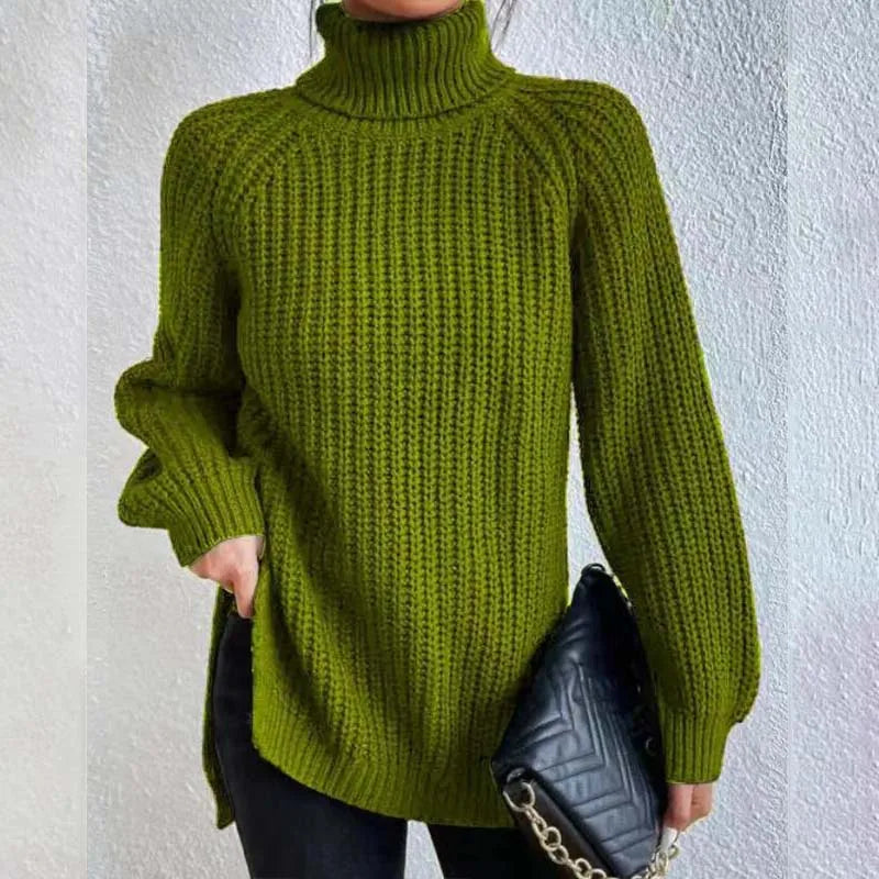 Pull Ample à Encolure Montante – Vert Pois
