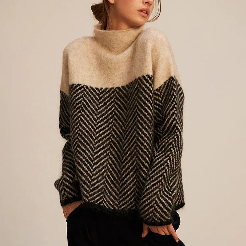 Pull bicolore à motif chevron – Beige