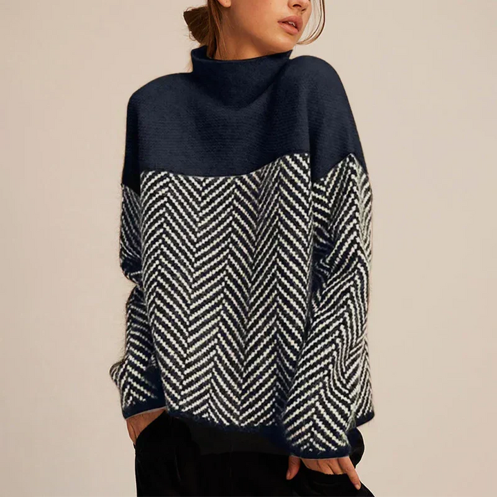 Pull bicolore à motif chevron – Bleu Foncé