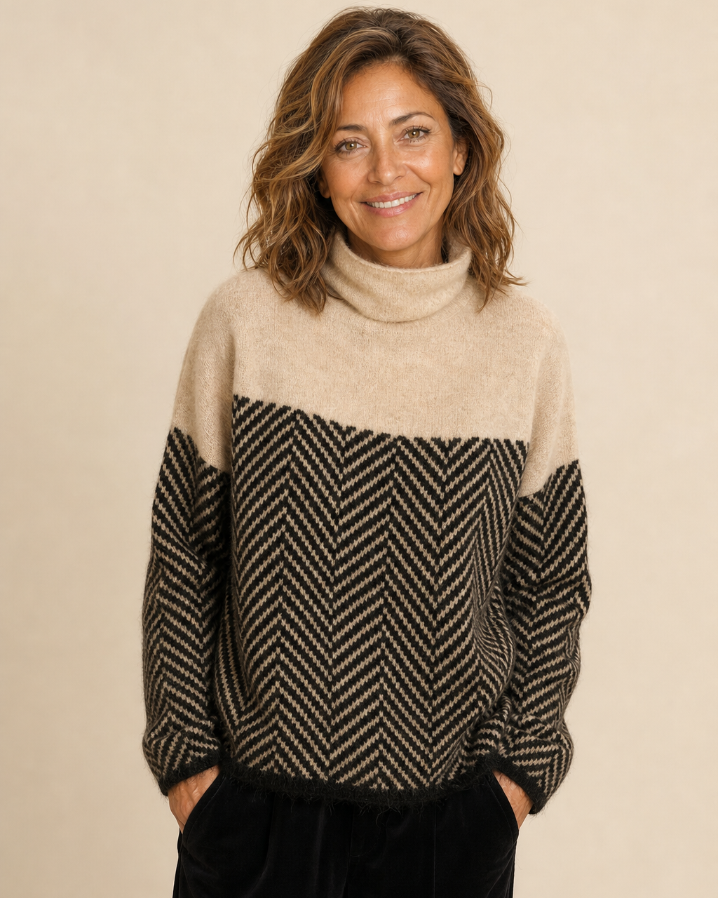 Pull bicolore à motif chevron