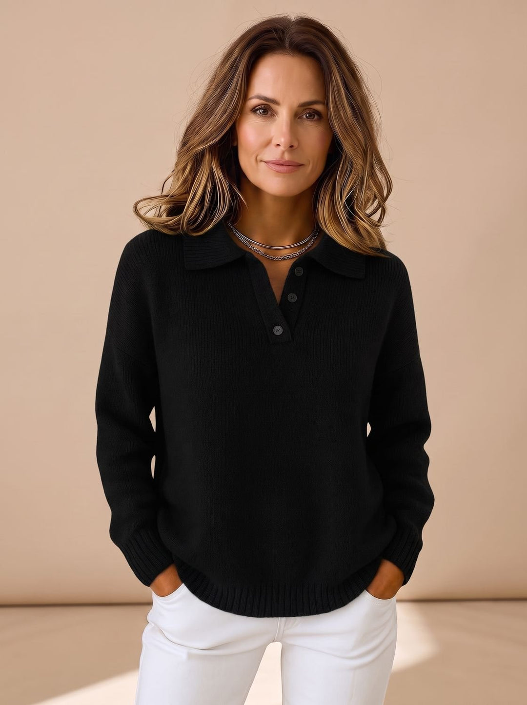 Pull Chic à Col Boutonné – Noir
