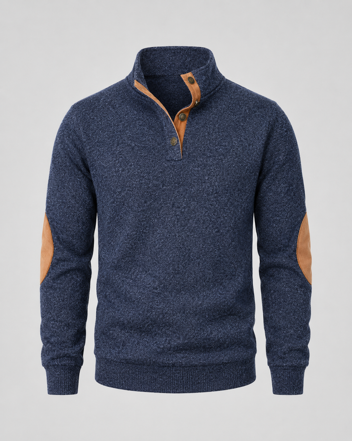 Pull Chiné à Col Boutonné – Bleu Marine