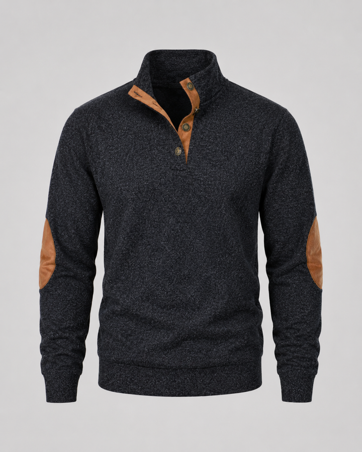 Pull Chiné à Col Boutonné – Noir