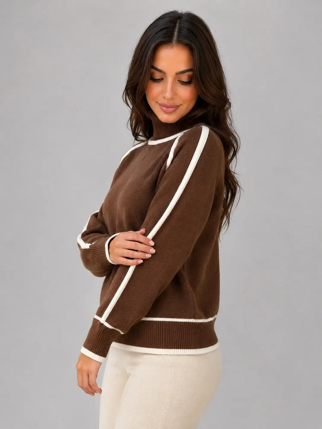 Pull Col Roulé à Bandes Contrastées