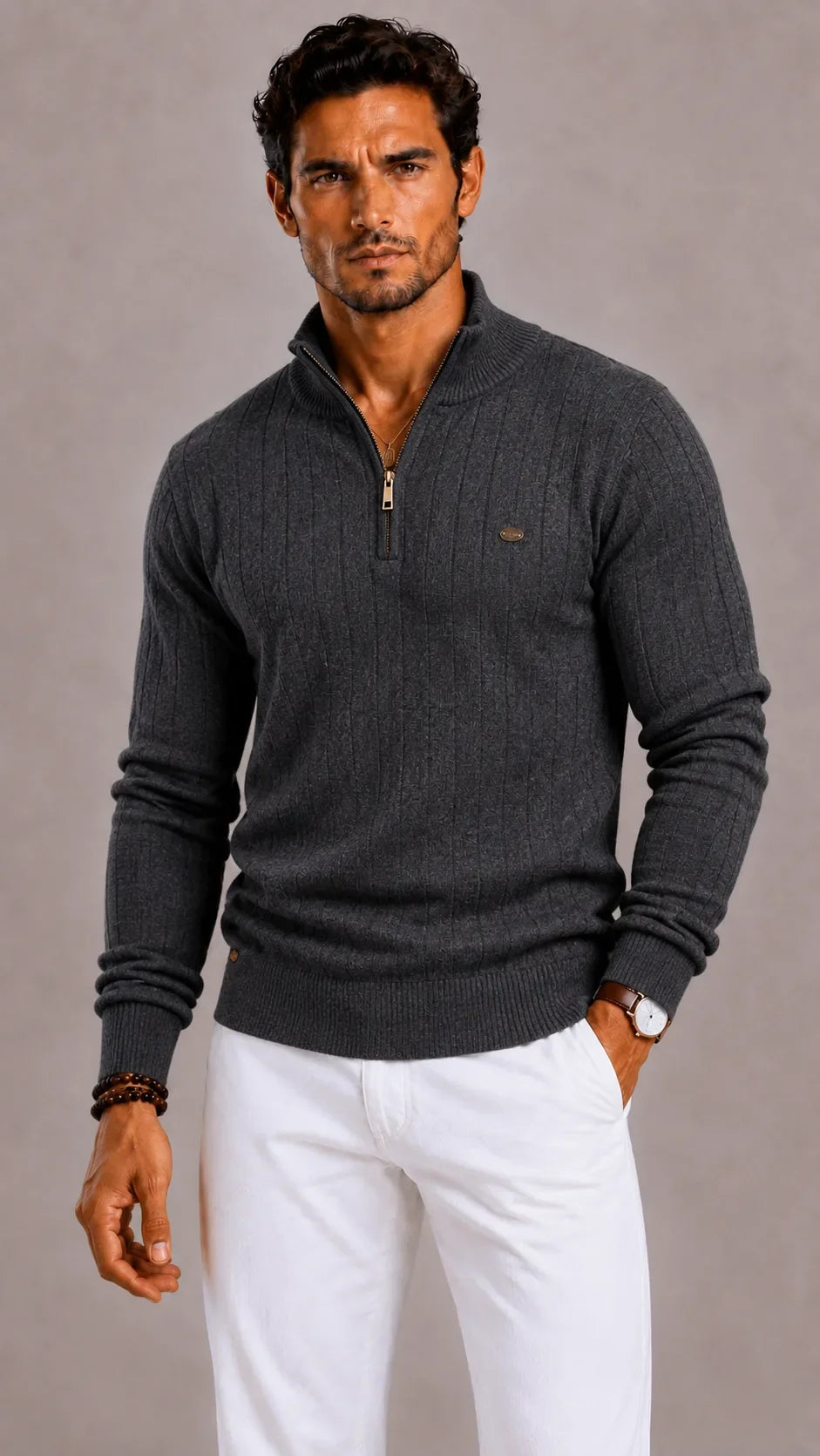 Pull Côtelé à Col Camionneur – Gris Foncé