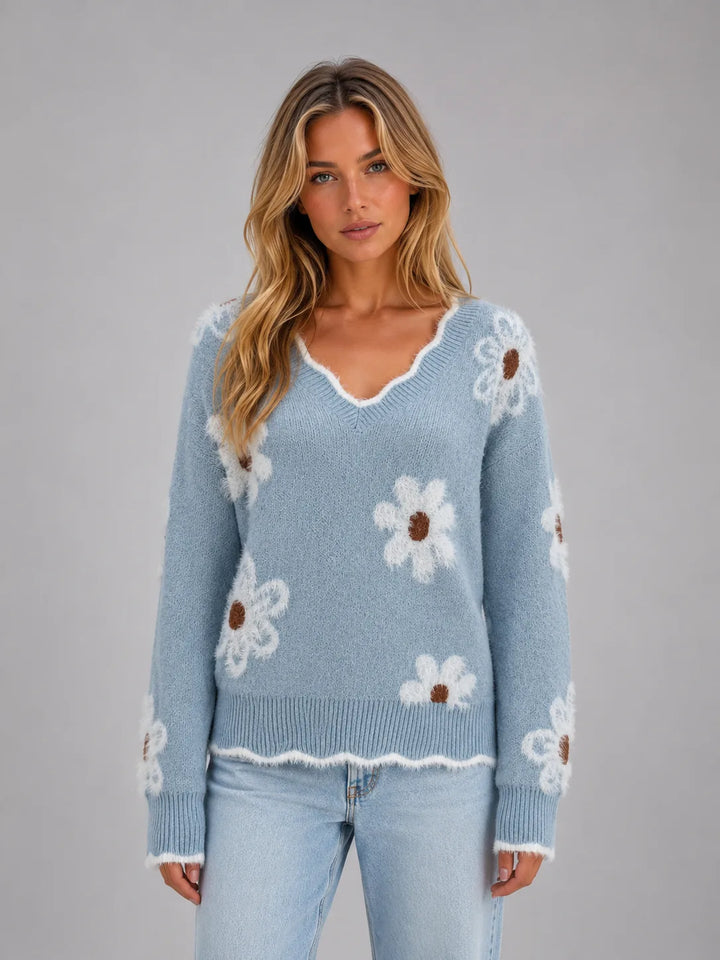 Pull Festonné à Fleurs – Bleu Clair