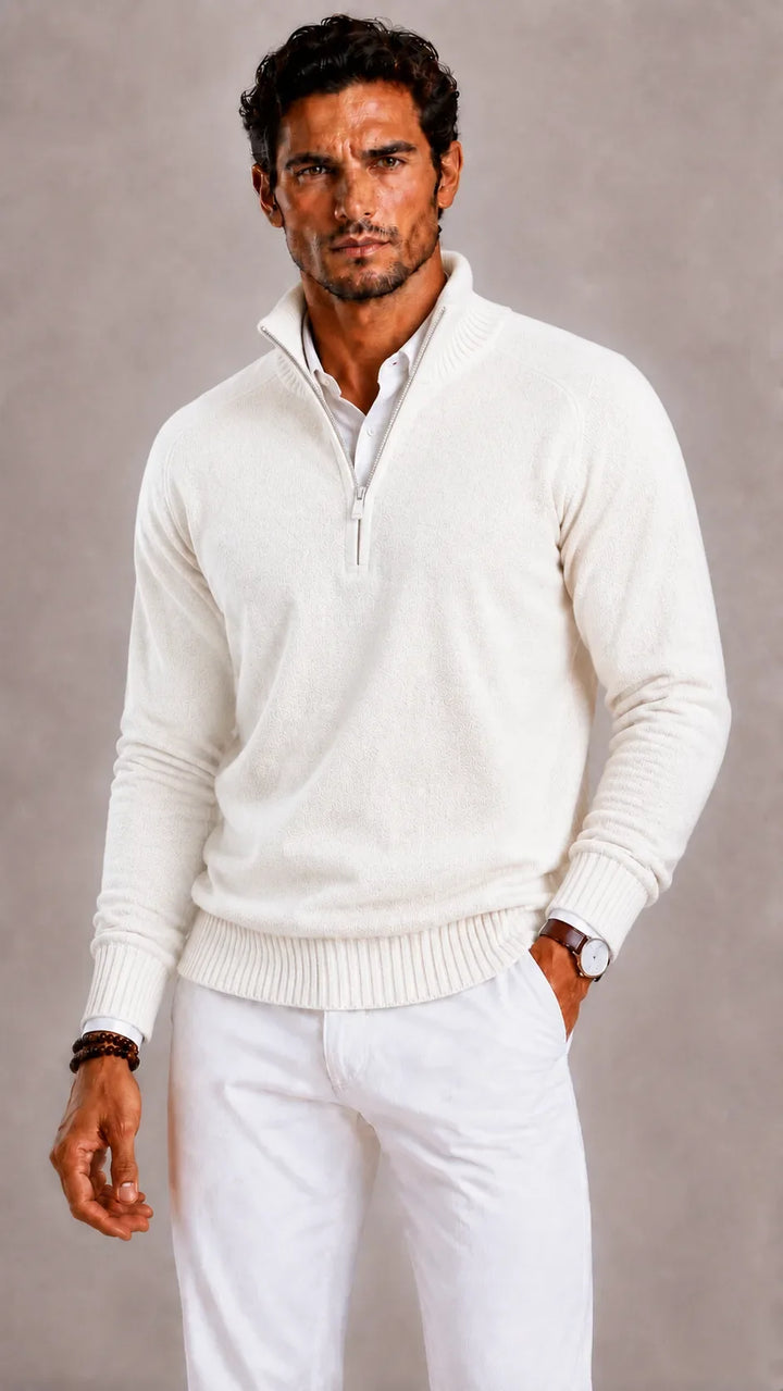 Pull Homme à Col Montant Zippé – Blanc