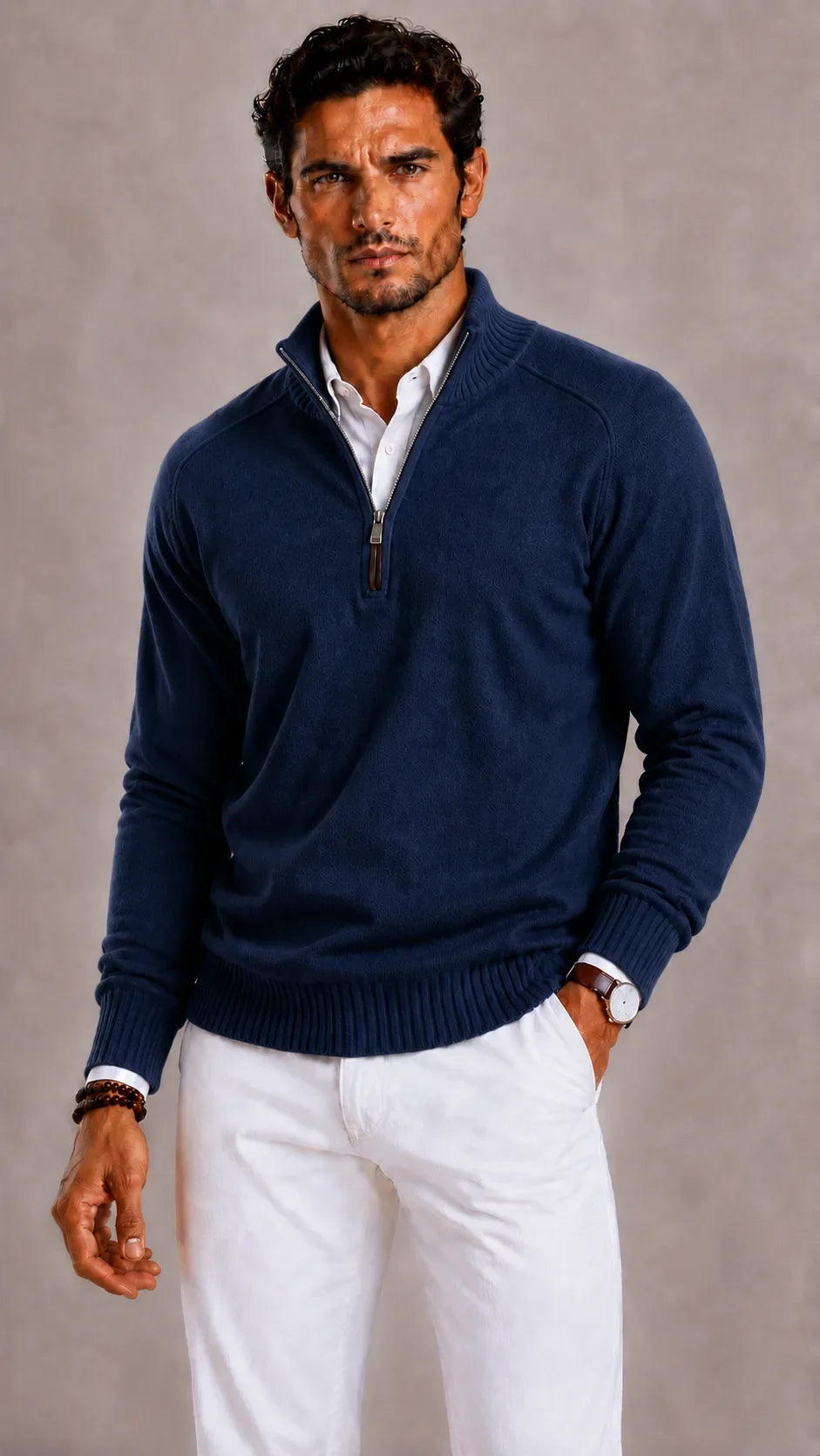 Pull Homme à Col Montant Zippé – Bleu Foncé