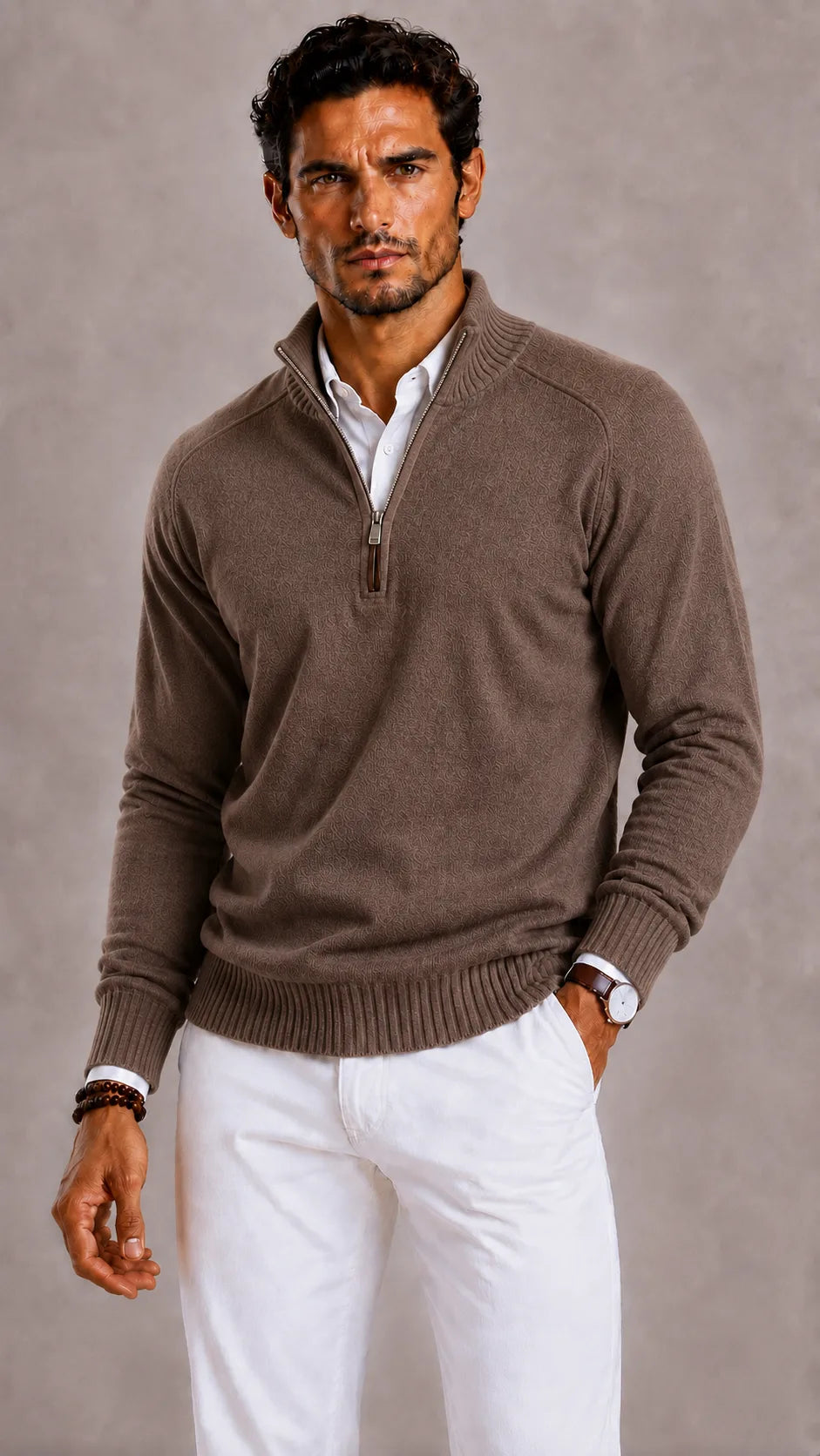 Pull Homme à Col Montant Zippé – Café