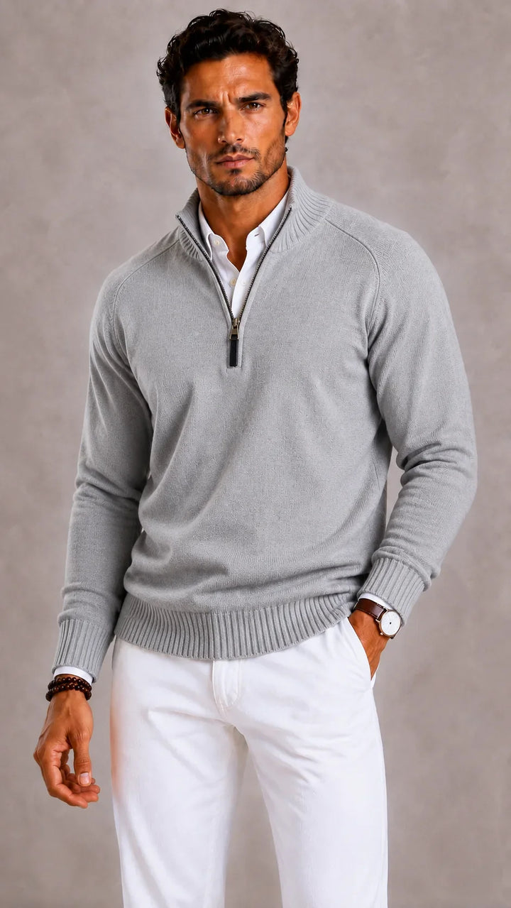 Pull Homme à Col Montant Zippé – Gris Clair