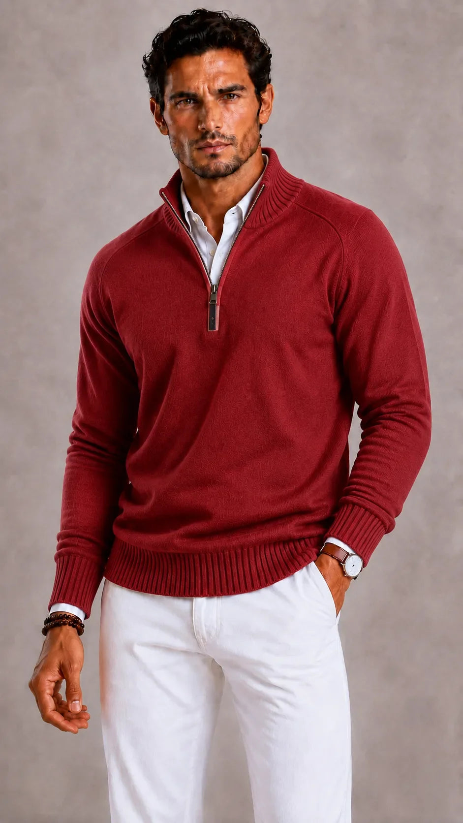 Pull Homme à Col Montant Zippé – Rouge