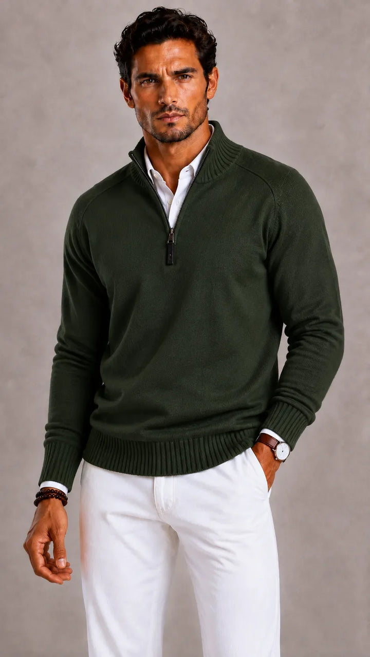 Pull Homme à Col Montant Zippé – Vert Militaire